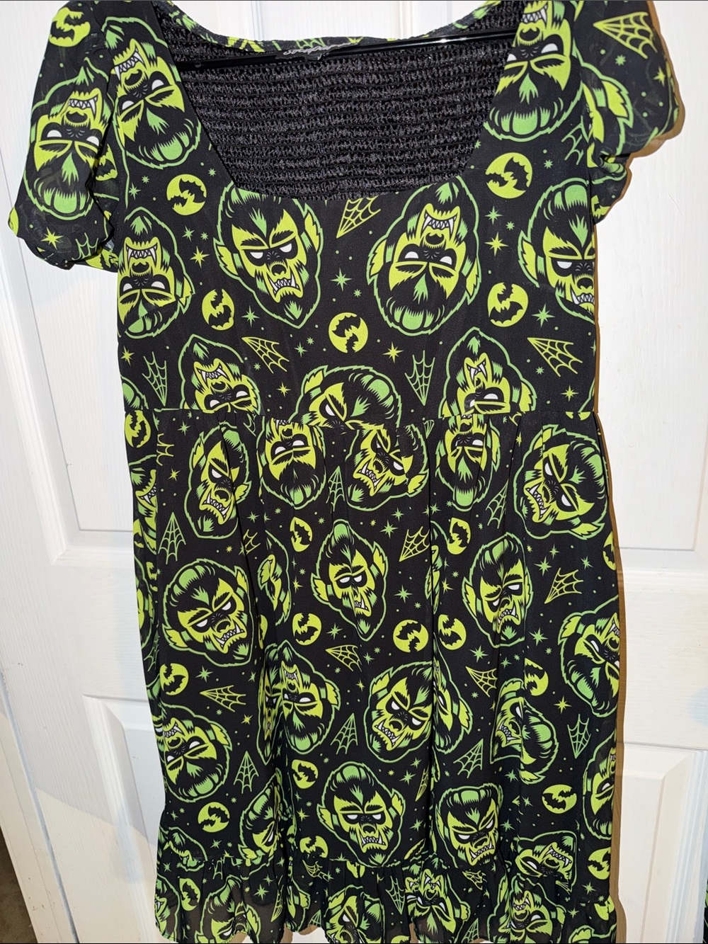 Sourpuss Black Dress with Neon Green Monster Print